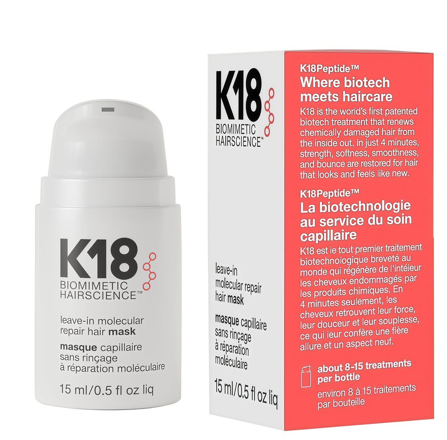 K18 Leave-In Molecular Hair Mask Repairs Dry or Damaged Hair, Reverse Hair Damage from Bleach, Color,Chemical Services & Heat