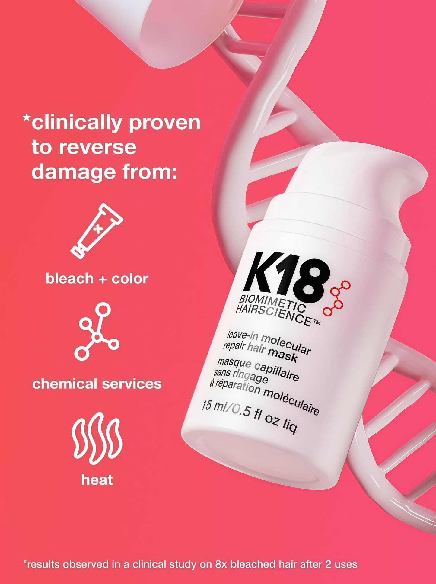 K18 Leave-In Molecular Hair Mask Repairs Dry or Damaged Hair, Reverse Hair Damage from Bleach, Color,Chemical Services & Heat