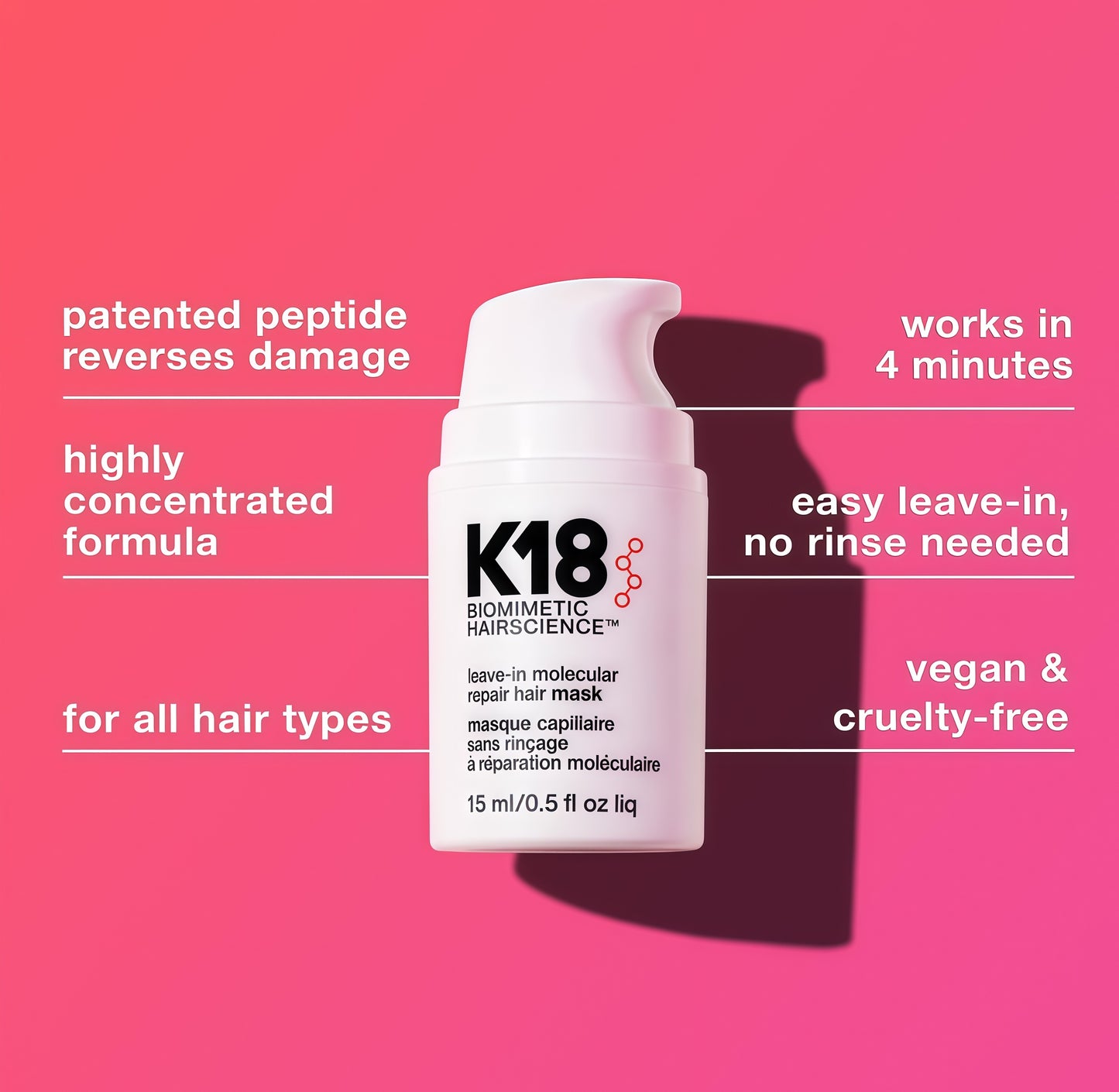 K18 Leave-In Molecular Hair Mask Repairs Dry or Damaged Hair, Reverse Hair Damage from Bleach, Color,Chemical Services & Heat